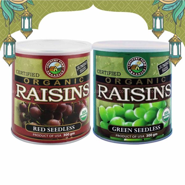 Country Farm Organics Jumbo Size Certified Organic Red and Green Seedless Raisins Twin Pack 300g x 2 Online now